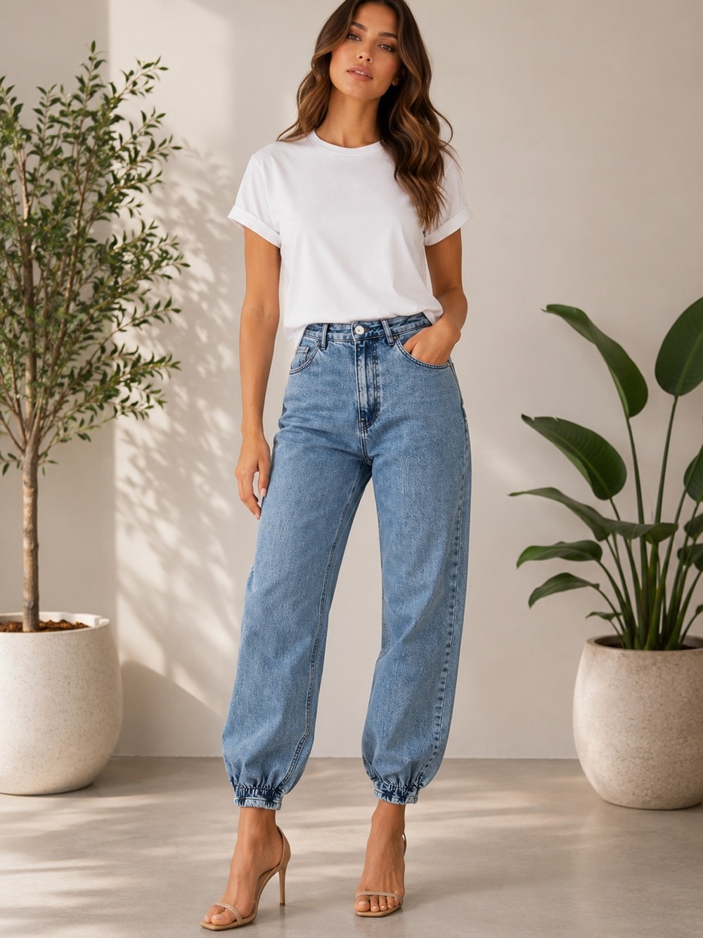 3x1 Light Blue Boyfriend Jeans with Elastic Cuff